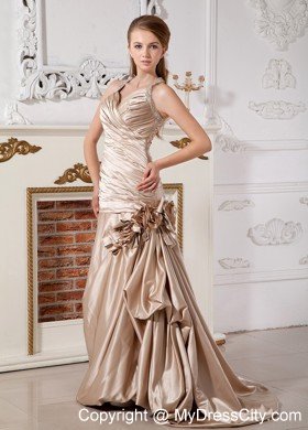 Champagne Mermaid Halter Hand Made Flowers Wedding Dress with Train