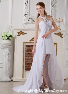 High-low Empire Chiffon Halter Top Beading Wedding Dress with Brush Train