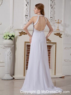 High-low Empire Chiffon Halter Top Beading Wedding Dress with Brush Train