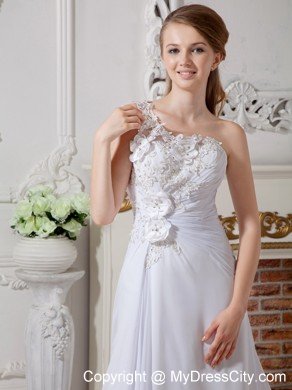 Asymmetrical A-line Court Train Lace and Chiffon Flowery Wedding Dress