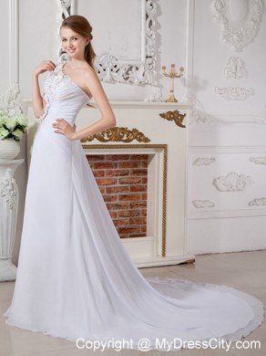 Asymmetrical A-line Court Train Lace and Chiffon Flowery Wedding Dress