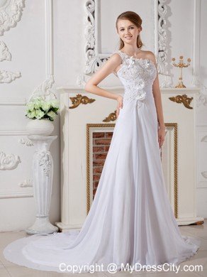 Asymmetrical A-line Court Train Lace and Chiffon Flowery Wedding Dress