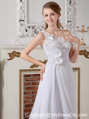 Asymmetrical A-line Court Train Lace and Chiffon Flowery Wedding Dress