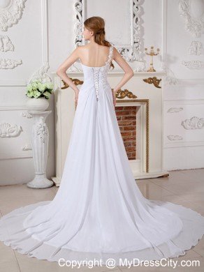 Asymmetrical A-line Court Train Lace and Chiffon Flowery Wedding Dress