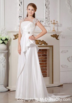 Long A-line Strapless Brush Train Beading and Bowknot Wedding Dress