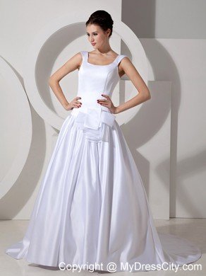 2013 Lovely A-line Scoop Court Train White Wedding Dress with Ribbon