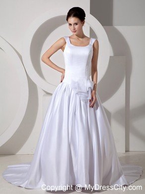 2013 Lovely A-line Scoop Court Train White Wedding Dress with Ribbon