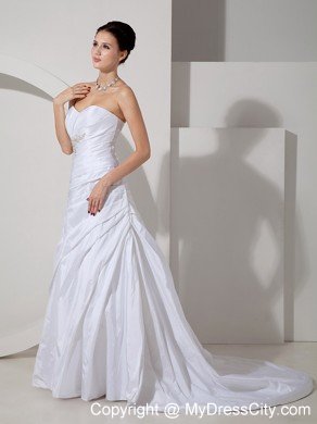 Modern A-line Sweetheart Appliques and Ruches Wedding Dress with Train