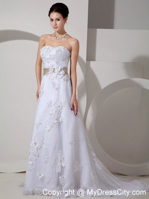 Stylish Long Strapless Slinky Lace Belt Wedding Gown with Court Train