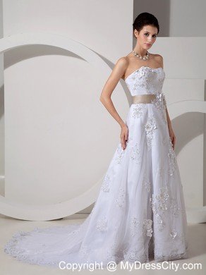 Stylish Long Strapless Slinky Lace Belt Wedding Gown with Court Train