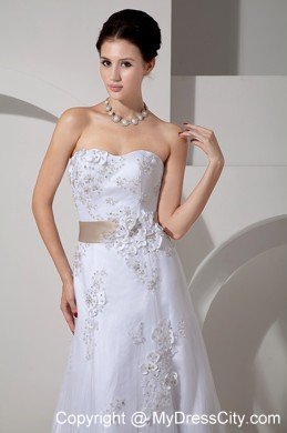 Stylish Long Strapless Slinky Lace Belt Wedding Gown with Court Train