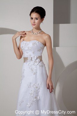 Stylish Long Strapless Slinky Lace Belt Wedding Gown with Court Train