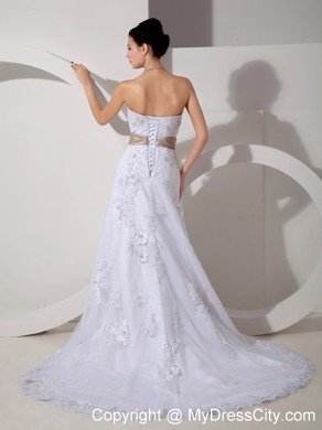 Stylish Long Strapless Slinky Lace Belt Wedding Gown with Court Train