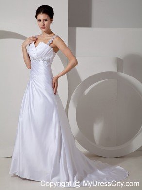 V-neck A-line Court Train Appliques Straps Wedding Dress Floor-length