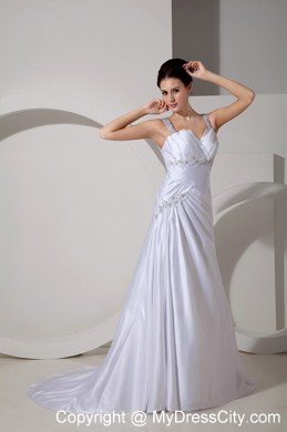 V-neck A-line Court Train Appliques Straps Wedding Dress Floor-length