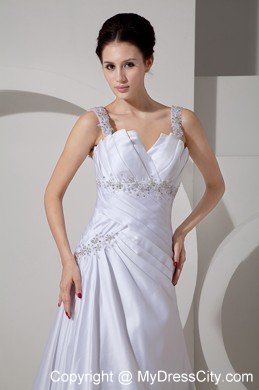 V-neck A-line Court Train Appliques Straps Wedding Dress Floor-length