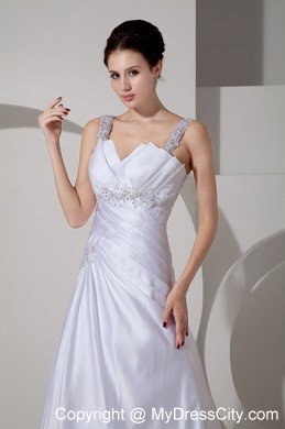 V-neck A-line Court Train Appliques Straps Wedding Dress Floor-length