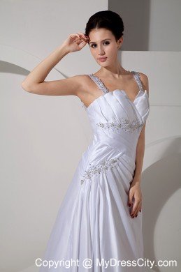 V-neck A-line Court Train Appliques Straps Wedding Dress Floor-length