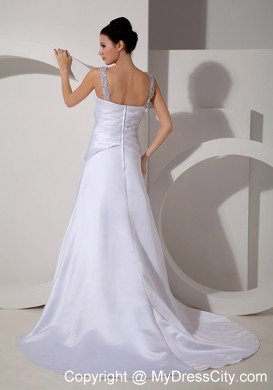 V-neck A-line Court Train Appliques Straps Wedding Dress Floor-length