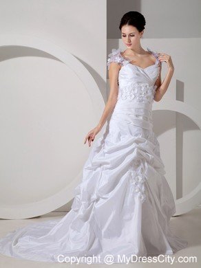 Court Train Square A-line Bridal Gowns with Hand Made Flowers Staps