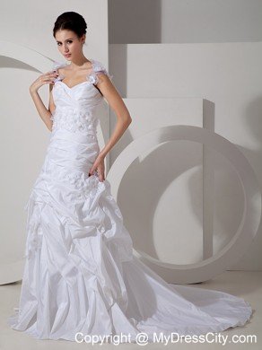 Court Train Square A-line Bridal Gowns with Hand Made Flowers Staps