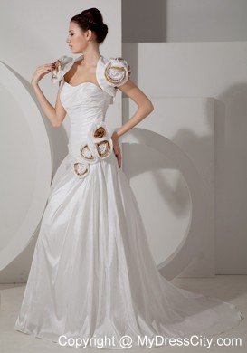 A-line Sweetheart Ruched Handmade Flower Wedding Dress with Court Train