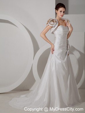 A-line Sweetheart Ruched Handmade Flower Wedding Dress with Court Train