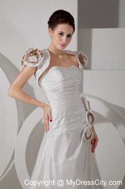 A-line Sweetheart Ruched Handmade Flower Wedding Dress with Court Train