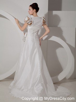 A-line Sweetheart Ruched Handmade Flower Wedding Dress with Court Train