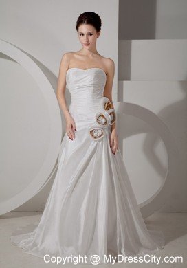 A-line Sweetheart Ruched Handmade Flower Wedding Dress with Court Train