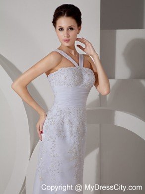 Hot Slinky V-neck Appliques White Chiffon Bridal Dress with Brush Train