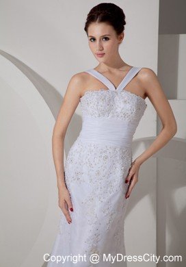 Hot Slinky V-neck Appliques White Chiffon Bridal Dress with Brush Train