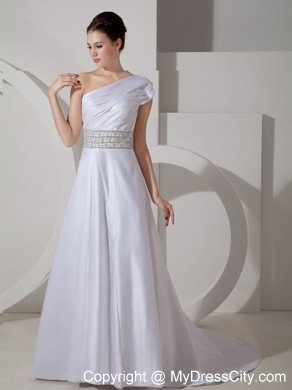 Unique A-line One Shoulder Court Train Wedding Dress with Beaded Belt