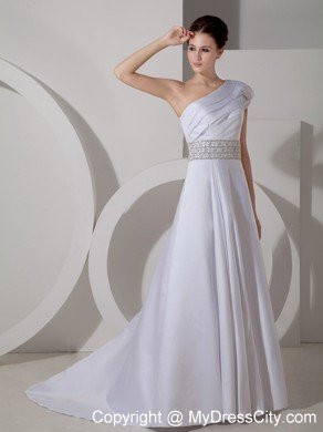 Unique A-line One Shoulder Court Train Wedding Dress with Beaded Belt