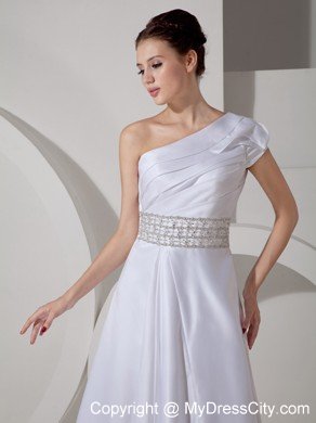 Unique A-line One Shoulder Court Train Wedding Dress with Beaded Belt