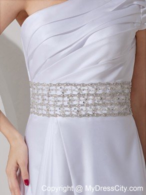 Unique A-line One Shoulder Court Train Wedding Dress with Beaded Belt