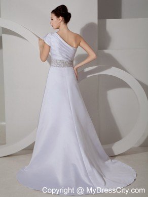 Unique A-line One Shoulder Court Train Wedding Dress with Beaded Belt