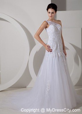 Lovely A-line Court Train Tulle and Lace Bridal Gowns with Single Shoulder