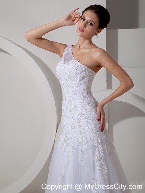 Lovely A-line Court Train Tulle and Lace Bridal Gowns with Single Shoulder