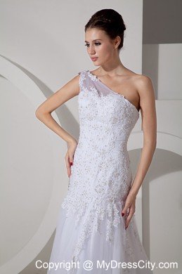 Lovely A-line Court Train Tulle and Lace Bridal Gowns with Single Shoulder