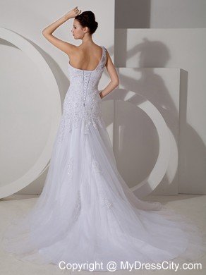 Lovely A-line Court Train Tulle and Lace Bridal Gowns with Single Shoulder