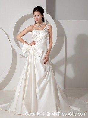 A-line Court Train Appliques and Ruching Wedding Dress with One Shoulder