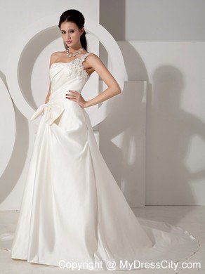 A-line Court Train Appliques and Ruching Wedding Dress with One Shoulder