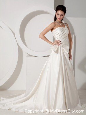 A-line Court Train Appliques and Ruching Wedding Dress with One Shoulder