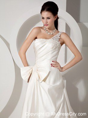 A-line Court Train Appliques and Ruching Wedding Dress with One Shoulder