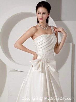 A-line Court Train Appliques and Ruching Wedding Dress with One Shoulder