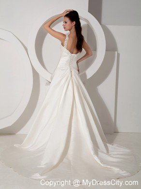 A-line Court Train Appliques and Ruching Wedding Dress with One Shoulder