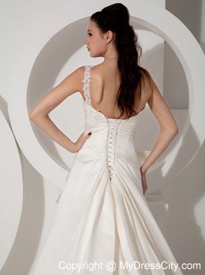 A-line Court Train Appliques and Ruching Wedding Dress with One Shoulder