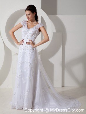 High-class Column V-neck Beaded Lace Wedding Dress with Court Train