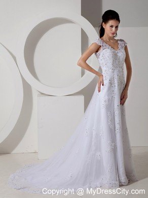 High-class Column V-neck Beaded Lace Wedding Dress with Court Train